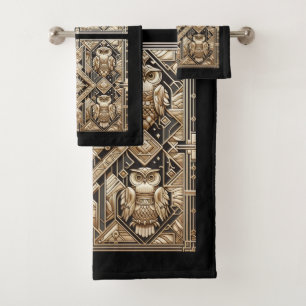 Art Deco Black and Gold Owl Bath Towel Set