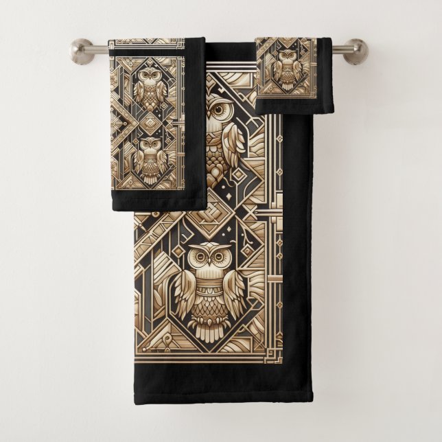Art Deco Black and Gold Owl Bath Towel Set (Insitu)
