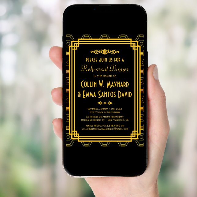 Art Deco Black and Gold Rehearsal Dinner Invitation (Front Digital)