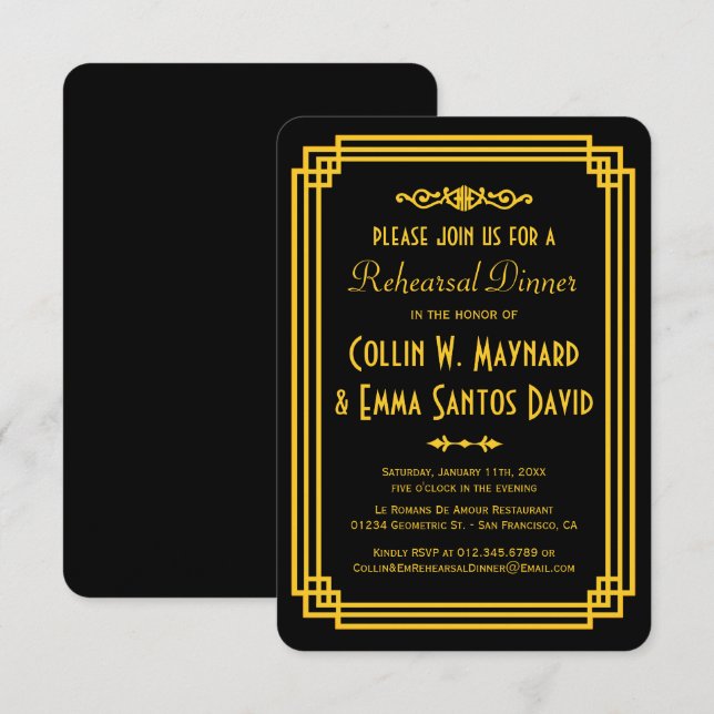 Art Deco Black and Gold Rehearsal Dinner Invites (Front/Back)