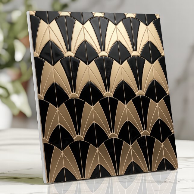 Art Deco Black and Gold Scallop Pattern Ceramic Tile (Creator Uploaded)