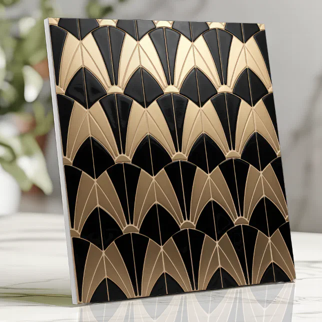 Art Deco Black and Gold Scallop Pattern Ceramic Tile | Zazzle