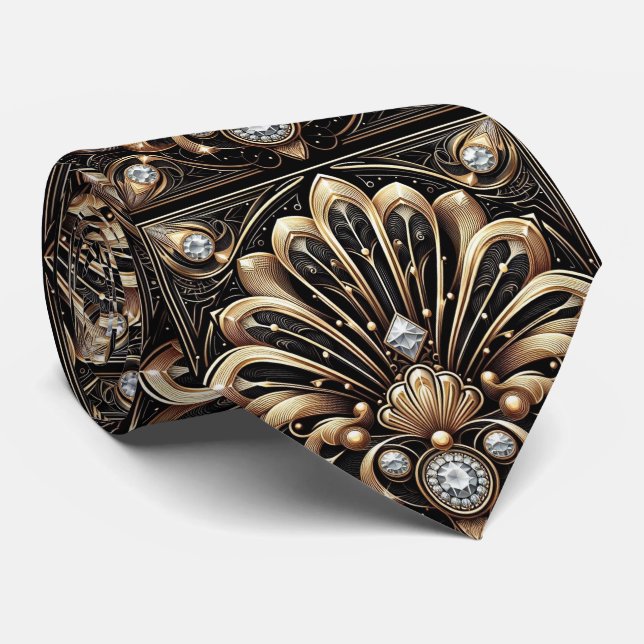 Art Deco Black and Gold Seashell Pattern Neck Tie (Rolled)