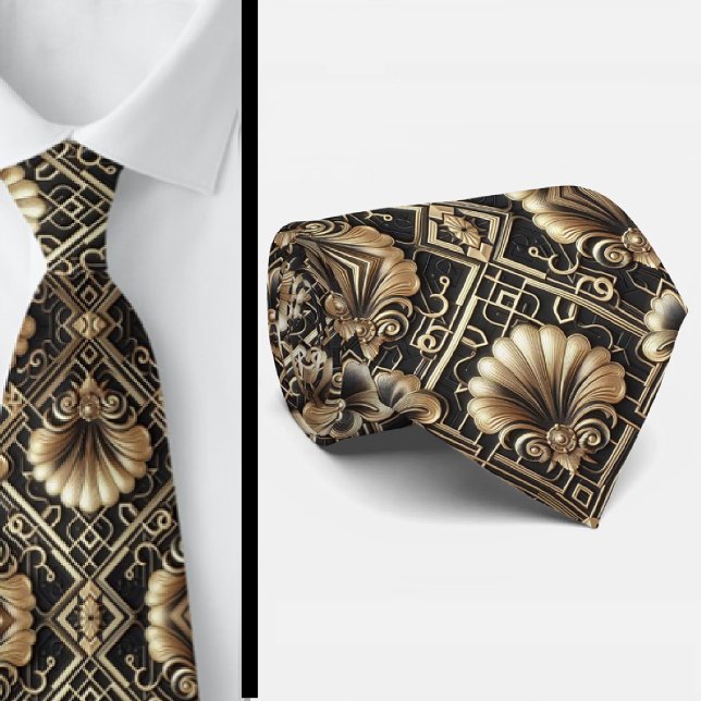 Art Deco Black and Gold Seashell Pattern Neck Tie (Creator Uploaded)