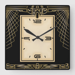Art Deco black and gold Square Wall Clock