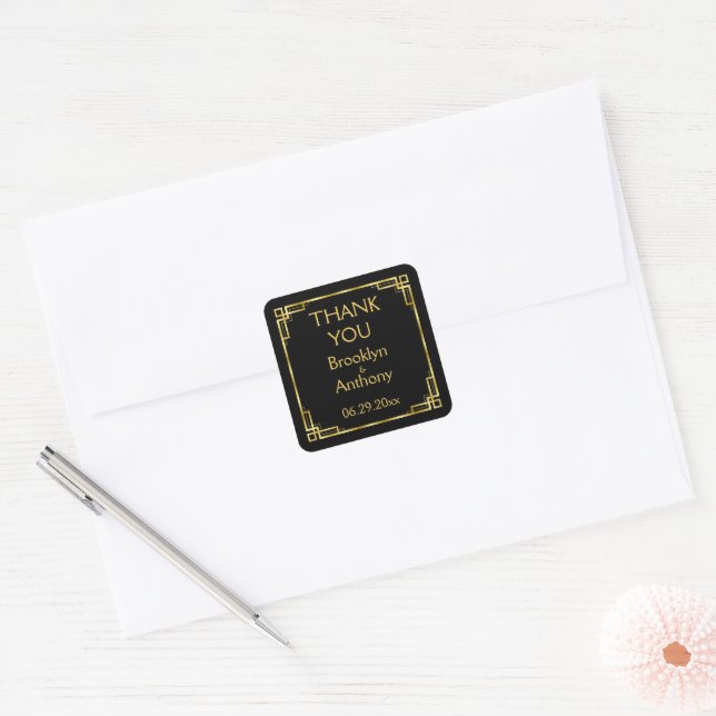 Art Deco Black And Gold Thank You Wedding Stickers (Envelope)