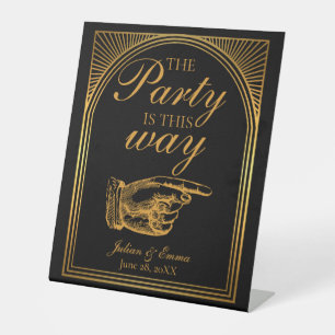 Art Deco Black and Gold The Party is This Way Pedestal Sign