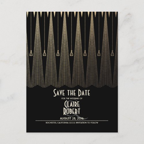 Art Deco Black and Gold Vintage Save the Date Announcement Postcard - Black and gold art deco vintage save the date postcards