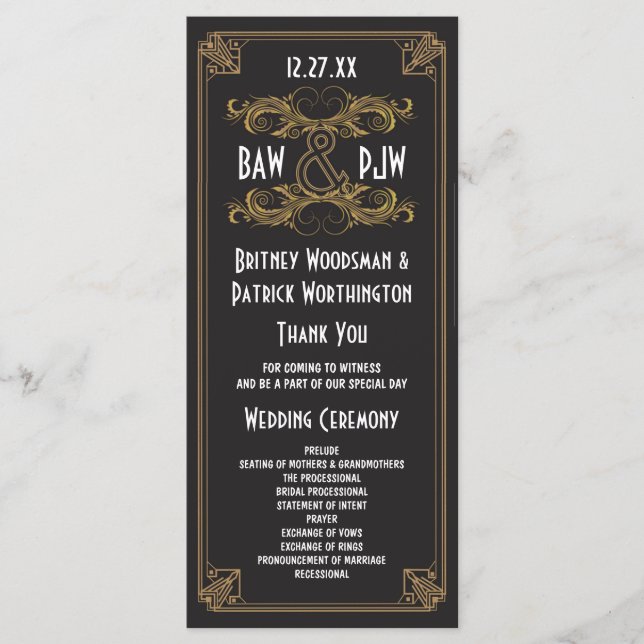 Art Deco Black and Gold Vintage Wedding Programs (Front)