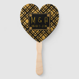 Art Deco Black and Gold Wedding Heart Hand Fan