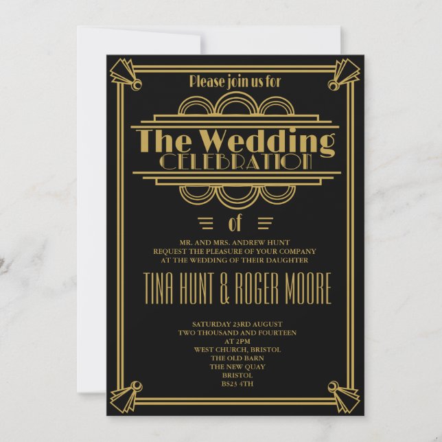 Art Deco Black and Gold wedding invite (Front)