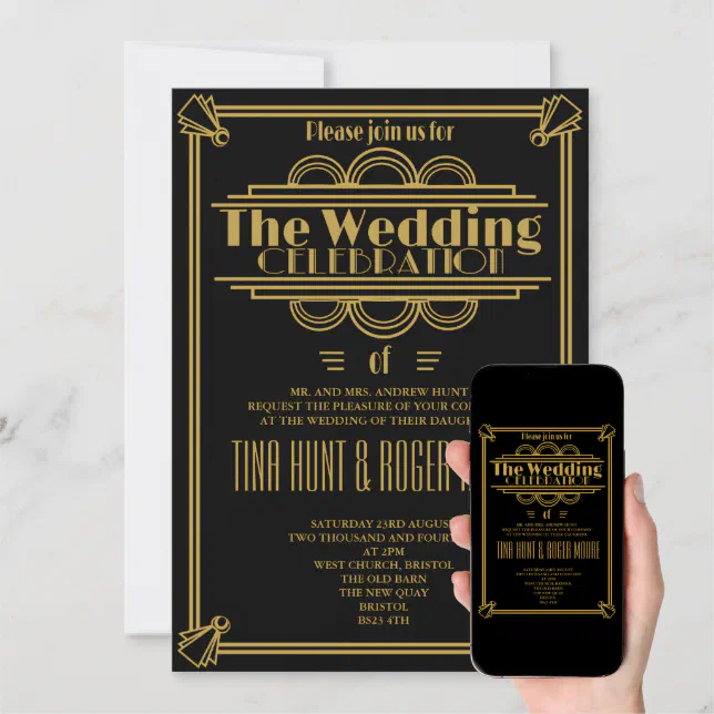 Art Deco Black and Gold wedding invite | Zazzle