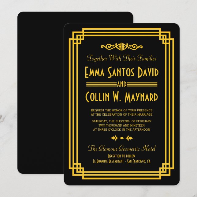 Art Deco Black and Gold Wedding Invites (Front/Back)
