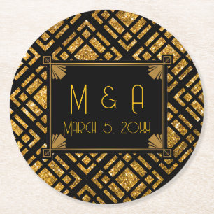 Art Deco Black and Gold Wedding Round Coaster