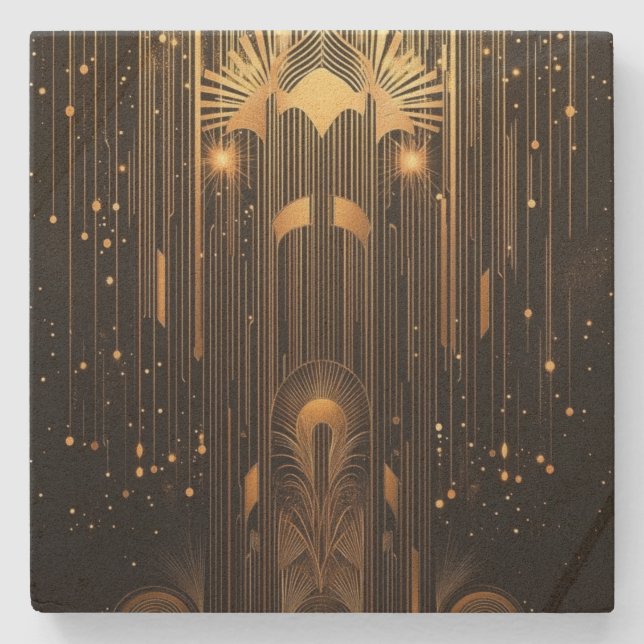 Art Deco Black and Golden Rain Stylish Stone Coaster (Front)