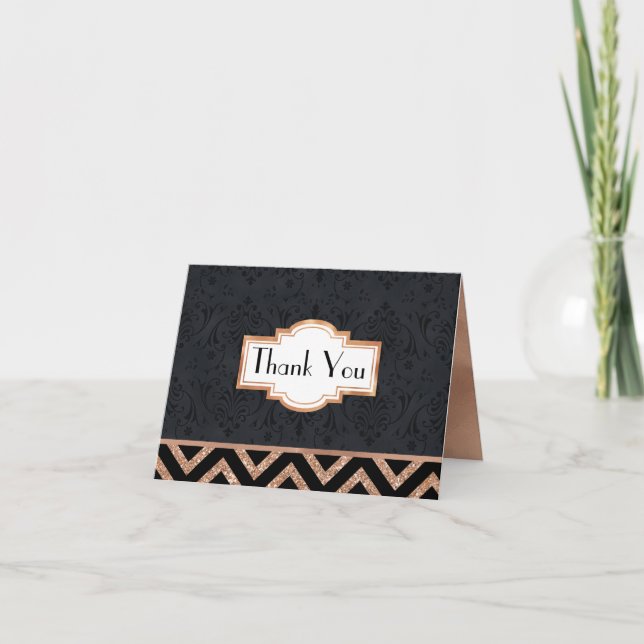 Art Deco Black and Rose Gold Look Thank You Card (Front)