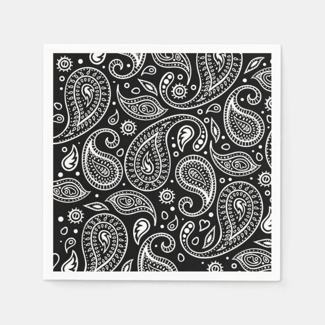 Art Deco Black and White Floral Paisley Pattern Napkins (Front)