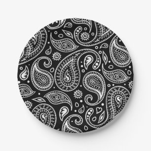 Art Deco Black and White Floral Paisley Pattern Paper Plates