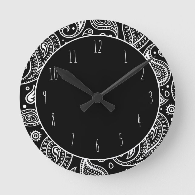 Art Deco Black and White Floral Paisley Pattern Round Clock (Front)