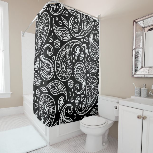 Art Deco Black and White Floral Paisley Pattern Shower Curtain (In Situ)
