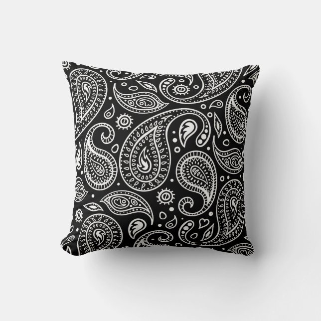 Art Deco Black and White Floral Paisley Pattern Throw Pillow (Front)