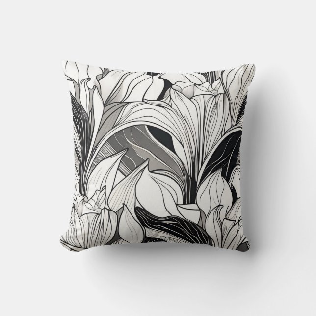 Art Deco Black and White Floral Pillow (Front)