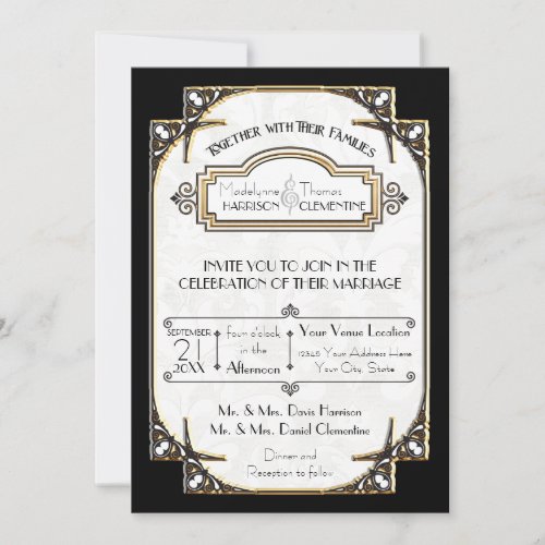 Art Deco Great Gatsby Style Typography n Lace Gold Announcement
