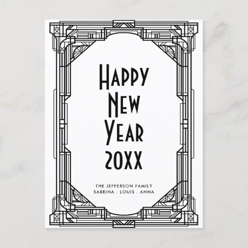 Art deco black and white Happy New Year Postcard