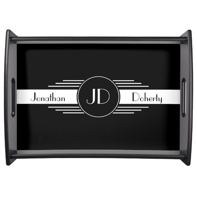 Art Deco Black and White Monogrammed Serving Tray (Front)
