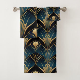 Art Deco Black Blue and Gold symmetrical Bath Towel Set