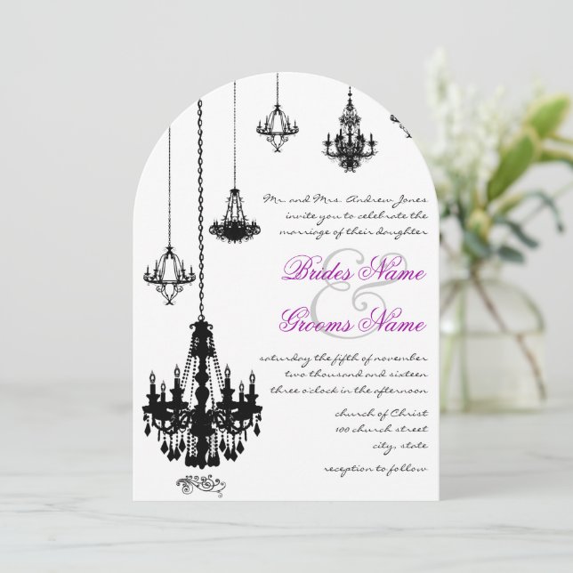 Art Deco Black Chandeliers Pink Wedding Invitation (Standing Front)