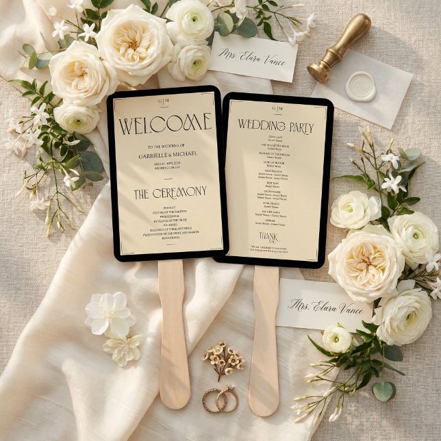 Art Deco Black Cream Wedding Party Program Fan (Creator Uploaded)