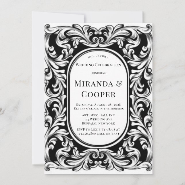 Art Deco Black Foliage Wedding Invitation (Front)