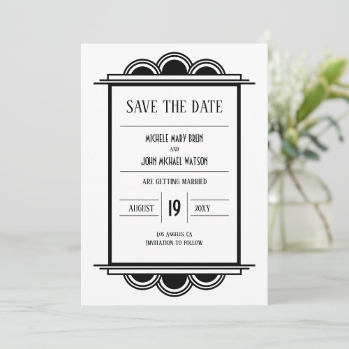 Art Deco Black Frame White Save the Date Card