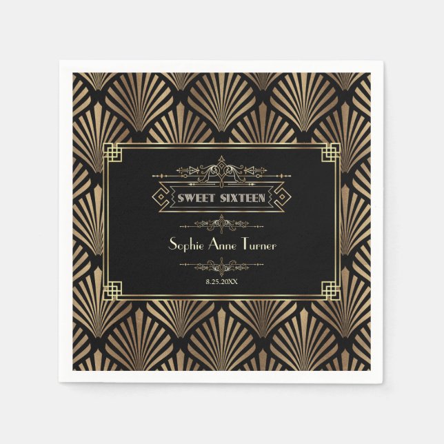 Art Deco Black Gatsby 1920s Sweet Sixteen Napkins (Front)
