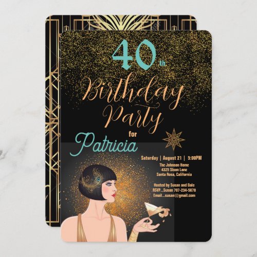 Art Deco Black  Gold 40th Birthday Party Invitati Invitation