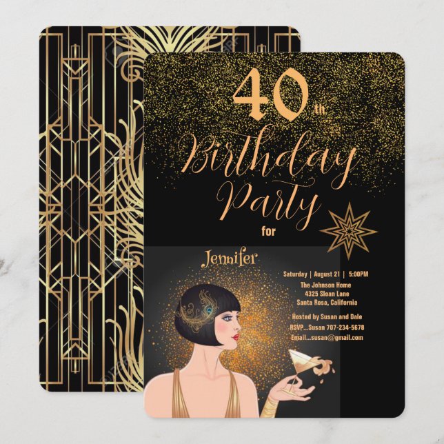 Art Deco Black & Gold 40th Birthday Party  Invitation (Front/Back)