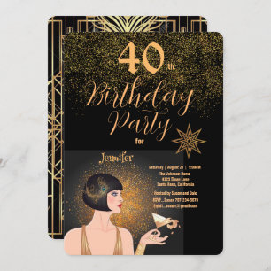 Art Deco Black & Gold 40th Birthday Party Invitation