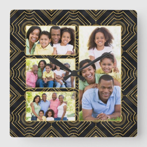 Art Deco Black Gold Add Your Family Photo Collage Square Wall Clock