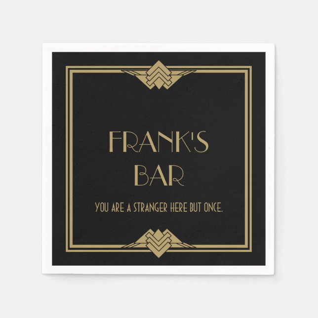 Art Deco Black Gold Bar Name Napkins (Front)