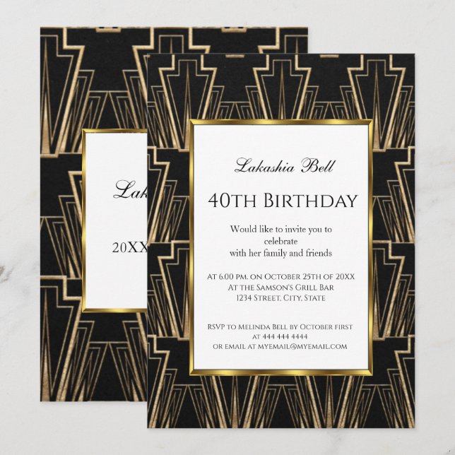 Art Deco Black Gold Birthday Party Invitation (Front/Back)