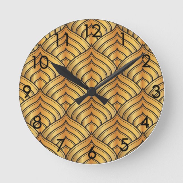 Art Deco black & gold broad leaf scale pine cone Round Clock (Front)