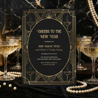 Art Deco Black & Gold Cheers to the New Year Invitation