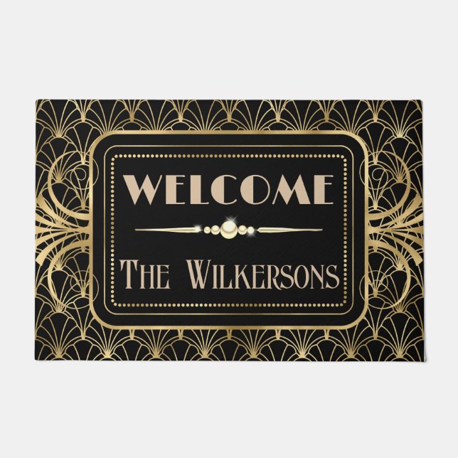 Art Deco BLack & Gold Custom Name Doormat (Front)