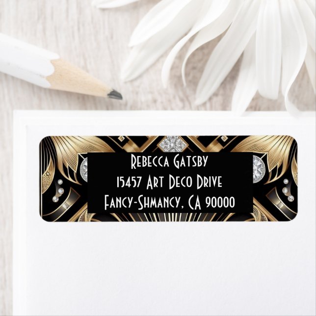 Art Deco Black & Gold Diamond Return Address Label (Insitu)