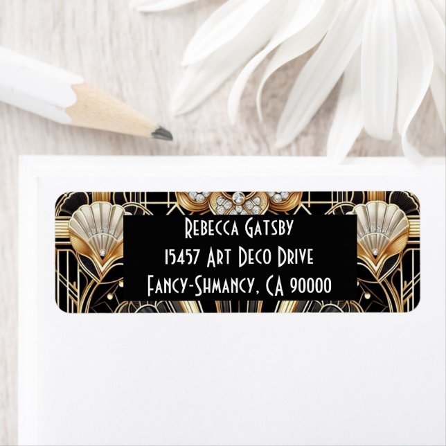 Art Deco Black & Gold Diamond Return Address Label (Insitu)