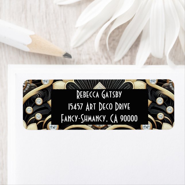 Art Deco Black & Gold Diamond Return Address Label (Insitu)
