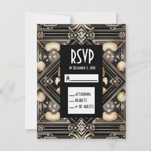Art Deco Black &amp; Gold Diamond RSVP Cards