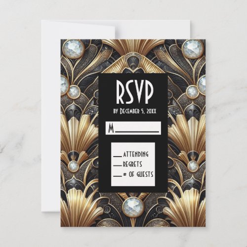 Art Deco Black &amp; Gold Diamond RSVP Cards