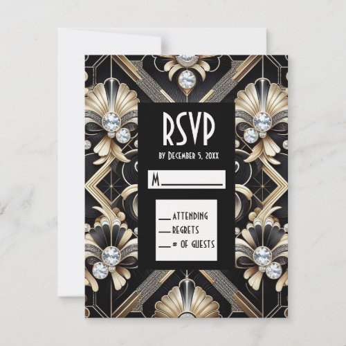 Art Deco Black &amp; Gold Diamond RSVP Cards